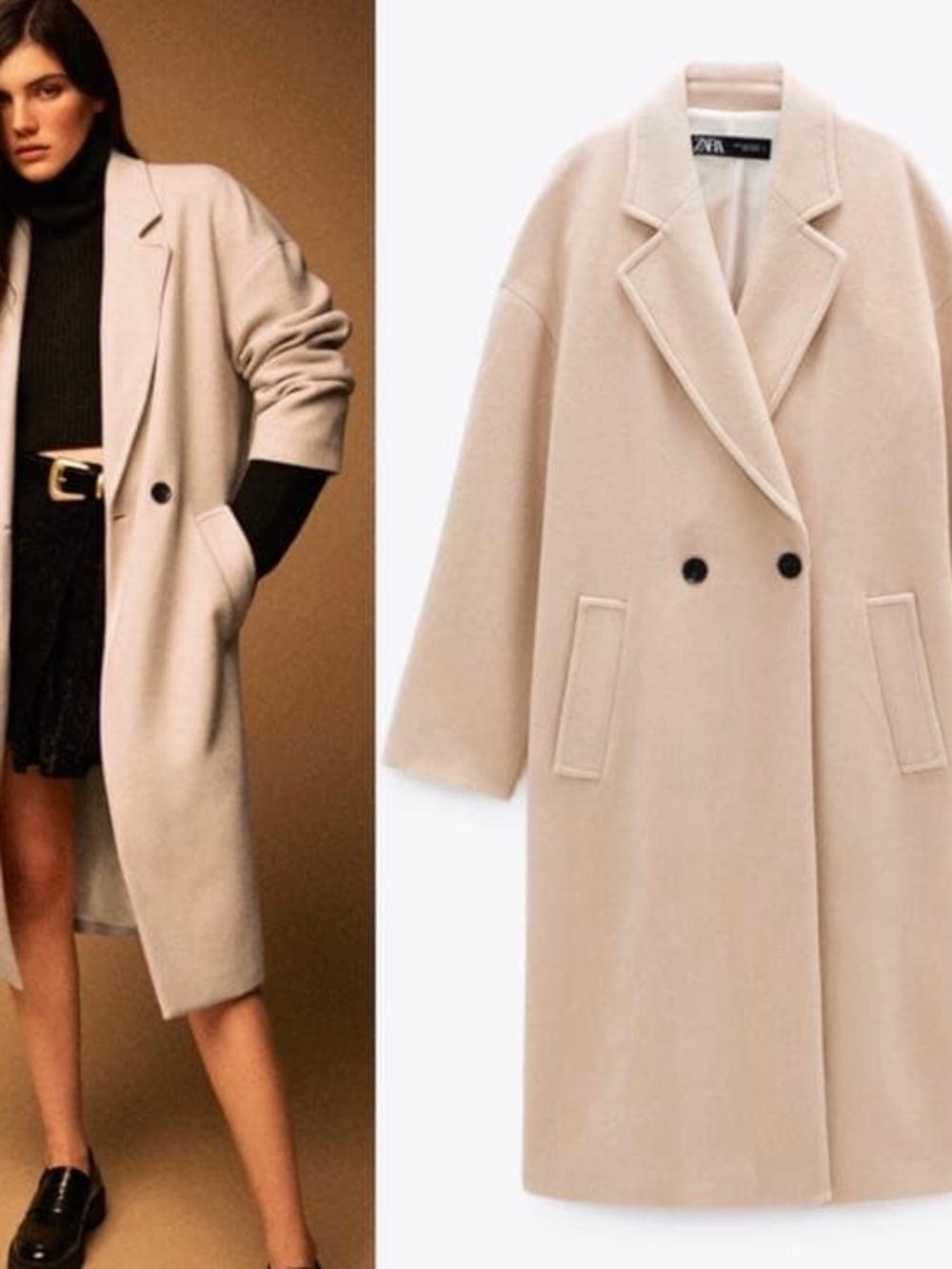 Zara Double-Breasted Long Trench Coat - Beige
